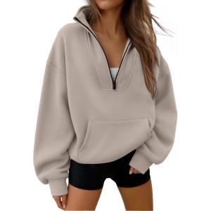 imageTrendy Queen Womens Sweatshirts Quarter Half Zip Pullover Fall Fashion Outfits 2025 Oversized Hoodies Comfy Winter ClothesCoffee Grey