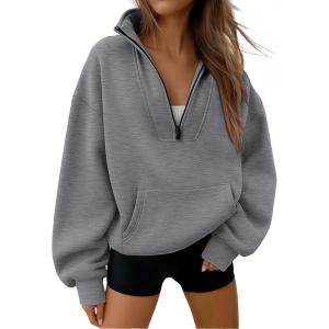 imageTrendy Queen Womens Sweatshirts Quarter Half Zip Pullover Fall Fashion Outfits 2025 Oversized Hoodies Comfy Winter ClothesDarkgrey