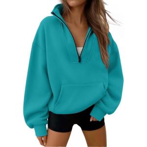 imageTrendy Queen Womens Sweatshirts Quarter Half Zip Pullover Fall Fashion Outfits 2025 Oversized Hoodies Comfy Winter ClothesGreenblue