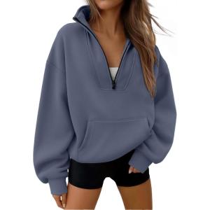 imageTrendy Queen Womens Sweatshirts Quarter Half Zip Pullover Fall Fashion Outfits 2025 Oversized Hoodies Comfy Winter ClothesGreyblue