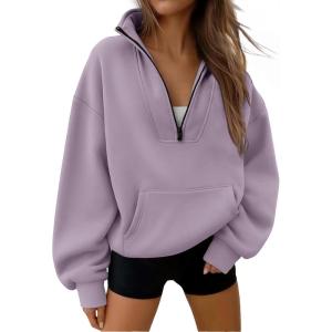 imageTrendy Queen Womens Sweatshirts Quarter Half Zip Pullover Fall Fashion Outfits 2025 Oversized Hoodies Comfy Winter ClothesGreypurple