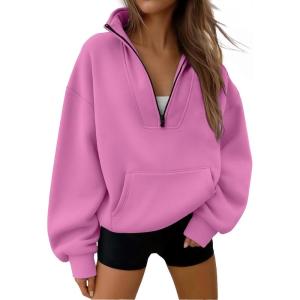 imageTrendy Queen Womens Sweatshirts Quarter Half Zip Pullover Fall Fashion Outfits 2025 Oversized Hoodies Comfy Winter ClothesHotpink