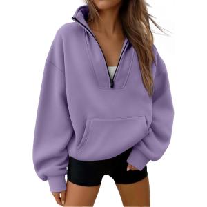 imageTrendy Queen Womens Sweatshirts Quarter Half Zip Pullover Fall Fashion Outfits 2025 Oversized Hoodies Comfy Winter ClothesPurple