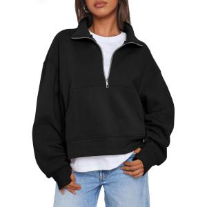 imageTrendy Queen Womens Sweatshirts Quarter Zip Pullover Oversized Cropped Sweater Fall Winter HoodiesBlack