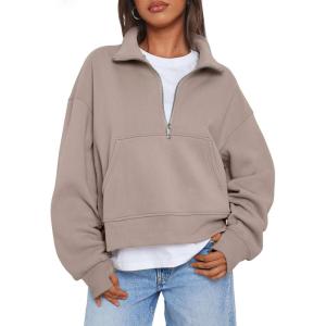 imageTrendy Queen Womens Sweatshirts Quarter Zip Pullover Oversized Cropped Sweater Fall Winter HoodiesCoffeegrey