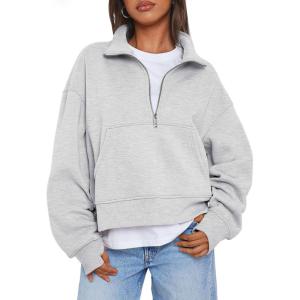 imageTrendy Queen Womens Sweatshirts Quarter Zip Pullover Oversized Cropped Sweater Fall Winter HoodiesGrey