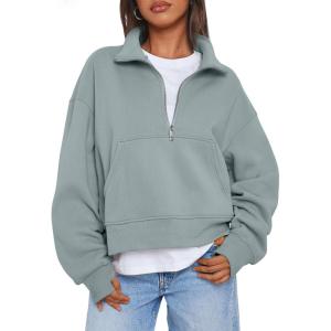 imageTrendy Queen Womens Sweatshirts Quarter Zip Pullover Oversized Cropped Sweater Fall Winter HoodiesGreygreen