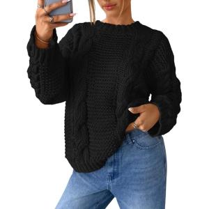 imageTrendy Queen Cable Knit Oversized Sweaters Womens Cozy Pullover Sweater Fall Winter ClothesBlack