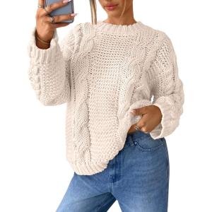 imageTrendy Queen Cable Knit Oversized Sweaters Womens Cozy Pullover Sweater Fall Winter ClothesCream