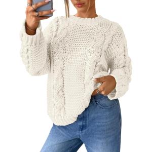 imageTrendy Queen Cable Knit Oversized Sweaters Womens Cozy Pullover Sweater Fall Winter ClothesWhite
