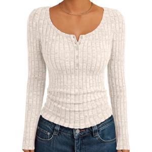 imageTrendy Queen Long Sleeve Henley Fitted Shirts for Women Sweaters Fall Fashion Tops Dressy Casual Y2K Cute Clothes OutfitsApricot