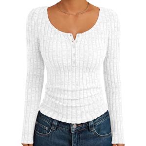 imageTrendy Queen Long Sleeve Henley Fitted Shirts for Women Sweaters Fall Fashion Tops Dressy Casual Y2K Cute Clothes OutfitsWhite