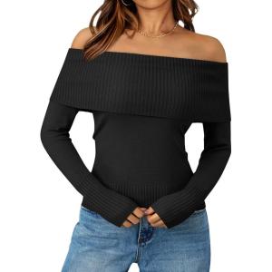 imageTrendy Queen Off The Shoulder Sweater for Women Cute Fall Going Out Tops Pullover Knit 2025 Sexy Date Night OutfitsBlack