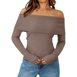 imageTrendy Queen Off The Shoulder Sweater for Women Cute Fall Going Out Tops Pullover Knit 2025 Sexy Date Night OutfitsNutmeg