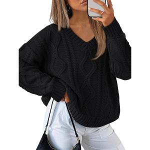 imageTrendy Queen Oversized Cable Knit Sweaters for Women 2025 Cozy Pullover Knit Fall Outfits V Neck Cute Winter ClothingBlack