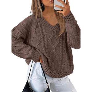 imageTrendy Queen Oversized Cable Knit Sweaters for Women 2025 Cozy Pullover Knit Fall Outfits V Neck Cute Winter ClothingBrown