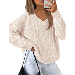 imageTrendy Queen Oversized Cable Knit Sweaters for Women 2025 Cozy Pullover Knit Fall Outfits V Neck Cute Winter ClothingCream