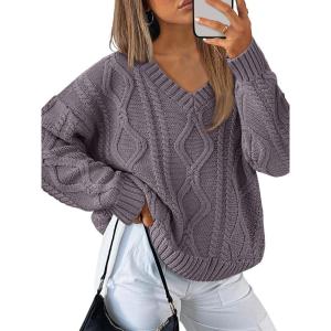 imageTrendy Queen Oversized Cable Knit Sweaters for Women 2025 Cozy Pullover Knit Fall Outfits V Neck Cute Winter ClothingMauve Taupe