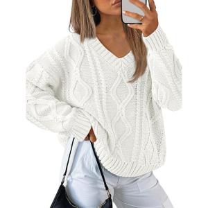 imageTrendy Queen Oversized Cable Knit Sweaters for Women 2025 Cozy Pullover Knit Fall Outfits V Neck Cute Winter ClothingWhite
