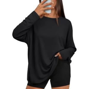 imageTrendy Queen Oversized Side Slit Tshirts for Women Long Sleeve Workout Tops Fall Fashion Gym Casual Tees Basic Y2K ClothesBlack