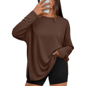 imageTrendy Queen Oversized Side Slit Tshirts for Women Long Sleeve Workout Tops Fall Fashion Gym Casual Tees Basic Y2K ClothesBrown