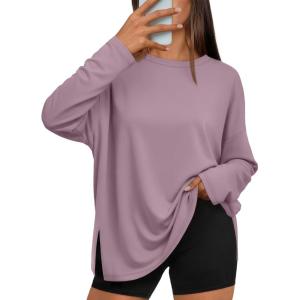 imageTrendy Queen Oversized Side Slit Tshirts for Women Long Sleeve Workout Tops Fall Fashion Gym Casual Tees Basic Y2K ClothesDarkpink