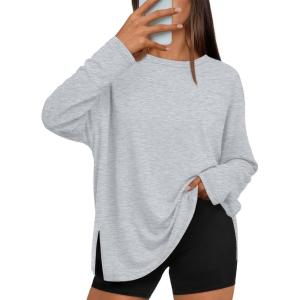 imageTrendy Queen Oversized Side Slit Tshirts for Women Long Sleeve Workout Tops Fall Fashion Gym Casual Tees Basic Y2K ClothesGrey