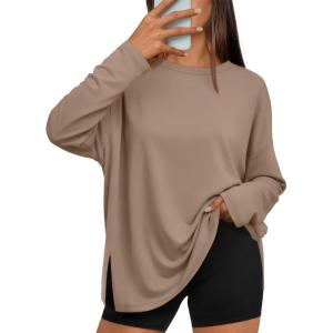 imageTrendy Queen Oversized Side Slit Tshirts for Women Long Sleeve Workout Tops Fall Fashion Gym Casual Tees Basic Y2K ClothesKhaki