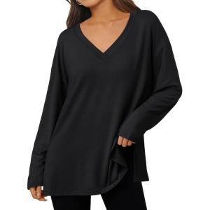 imageTrendy Queen Oversized Side Slit Tshirts for Women Long Sleeve Workout Tops Fall Fashion Plus Size Gym V Neck Basic Y2k TeesBlack