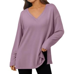 imageTrendy Queen Oversized Side Slit Tshirts for Women Long Sleeve Workout Tops Fall Fashion Plus Size Gym V Neck Basic Y2k TeesDarkpink