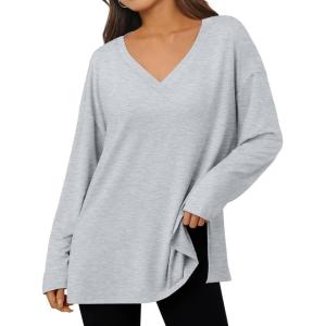 imageTrendy Queen Oversized Side Slit Tshirts for Women Long Sleeve Workout Tops Fall Fashion Plus Size Gym V Neck Basic Y2k TeesGrey