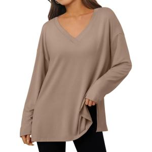 imageTrendy Queen Oversized Side Slit Tshirts for Women Long Sleeve Workout Tops Fall Fashion Plus Size Gym V Neck Basic Y2k TeesKhaki