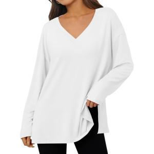 imageTrendy Queen Oversized Side Slit Tshirts for Women Long Sleeve Workout Tops Fall Fashion Plus Size Gym V Neck Basic Y2k TeesWhite