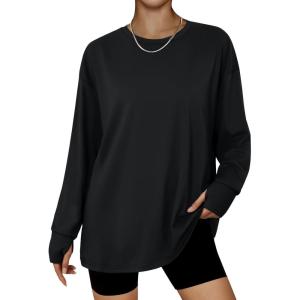 imageTrendy Queen Oversized Thumb Hole Tshirts for Women Long Sleeve Workout Tops Fall Fashion Plus Size Gym Casual Loose Y2k TeeBlack