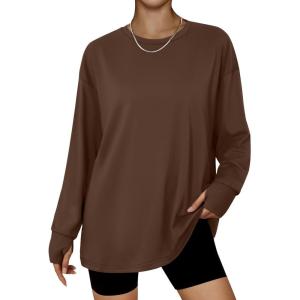imageTrendy Queen Oversized Thumb Hole Tshirts for Women Long Sleeve Workout Tops Fall Fashion Plus Size Gym Casual Loose Y2k TeeChocolate Brown