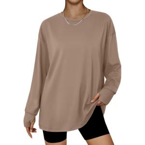 imageTrendy Queen Oversized Thumb Hole Tshirts for Women Long Sleeve Workout Tops Fall Fashion Plus Size Gym Casual Loose Y2k TeeKhaki