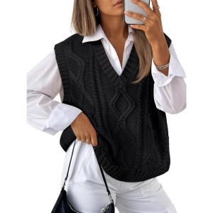 imageTrendy Queen Women s Oversized V Neck Sweater Vest Sleeveless Cable Knit Casual Pullover TopsBlack
