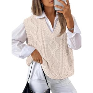 imageTrendy Queen Women s Oversized V Neck Sweater Vest Sleeveless Cable Knit Casual Pullover TopsCream