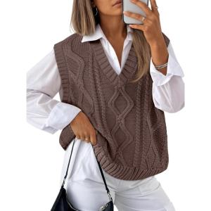 imageTrendy Queen Women s Oversized V Neck Sweater Vest Sleeveless Cable Knit Casual Pullover TopsNutmeg