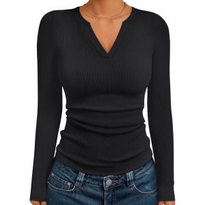imageTrendy Queen Womens Long Sleeve Shirts V Neck Ribbed Knit Fall Tops Henley Teen Girls Basic Tee 2025Black