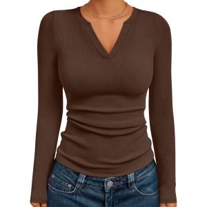 imageTrendy Queen Womens Long Sleeve Shirts V Neck Ribbed Knit Fall Tops Henley Teen Girls Basic Tee 2025Brown