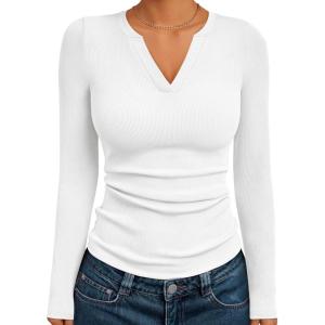 imageTrendy Queen Womens Long Sleeve Shirts V Neck Ribbed Knit Fall Tops Henley Teen Girls Basic Tee 2025White