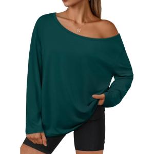 imageTrendy Queen Womens Off The Shoulder Tops Oversized Tshirts Long Sleeve 2025 Casual Basic TeesDark Green