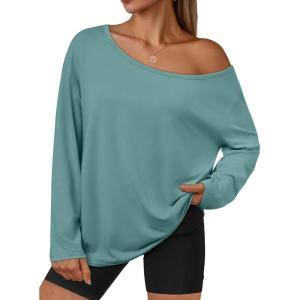 imageTrendy Queen Womens Off The Shoulder Tops Oversized Tshirts Long Sleeve 2025 Casual Basic TeesGrey Green
