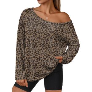 imageTrendy Queen Womens Off The Shoulder Tops Oversized Tshirts Long Sleeve 2025 Casual Basic TeesLeopard