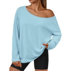 imageTrendy Queen Womens Off The Shoulder Tops Oversized Tshirts Long Sleeve 2025 Casual Basic TeesLight Blue