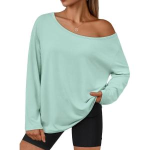 imageTrendy Queen Womens Off The Shoulder Tops Oversized Tshirts Long Sleeve 2025 Casual Basic TeesMint Green