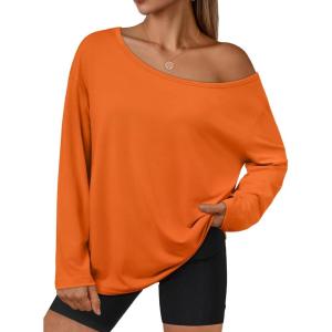 imageTrendy Queen Womens Off The Shoulder Tops Oversized Tshirts Long Sleeve 2025 Casual Basic TeesOrange