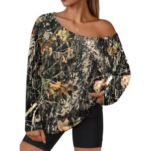 imageTrendy Queen Womens Off The Shoulder Tops Oversized Tshirts Long Sleeve 2025 Casual Basic TeesPrinted Green