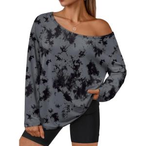 imageTrendy Queen Womens Off The Shoulder Tops Oversized Tshirts Long Sleeve 2025 Casual Basic TeesPrinted Grey